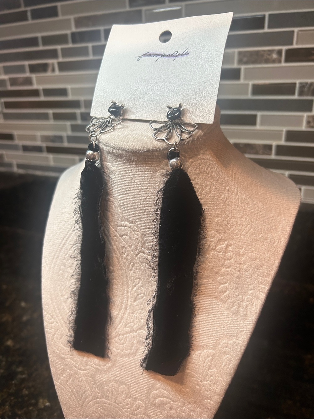Free People Black Tassel Floral Drop Earrings - Picture 3 of 6